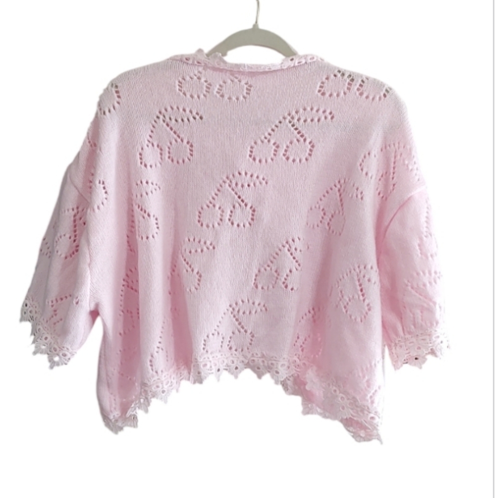 Pink Cherry Pattern Knitted Short Sleeve Scalloped Hem & Cherry Appliques - Picture 2 of 5